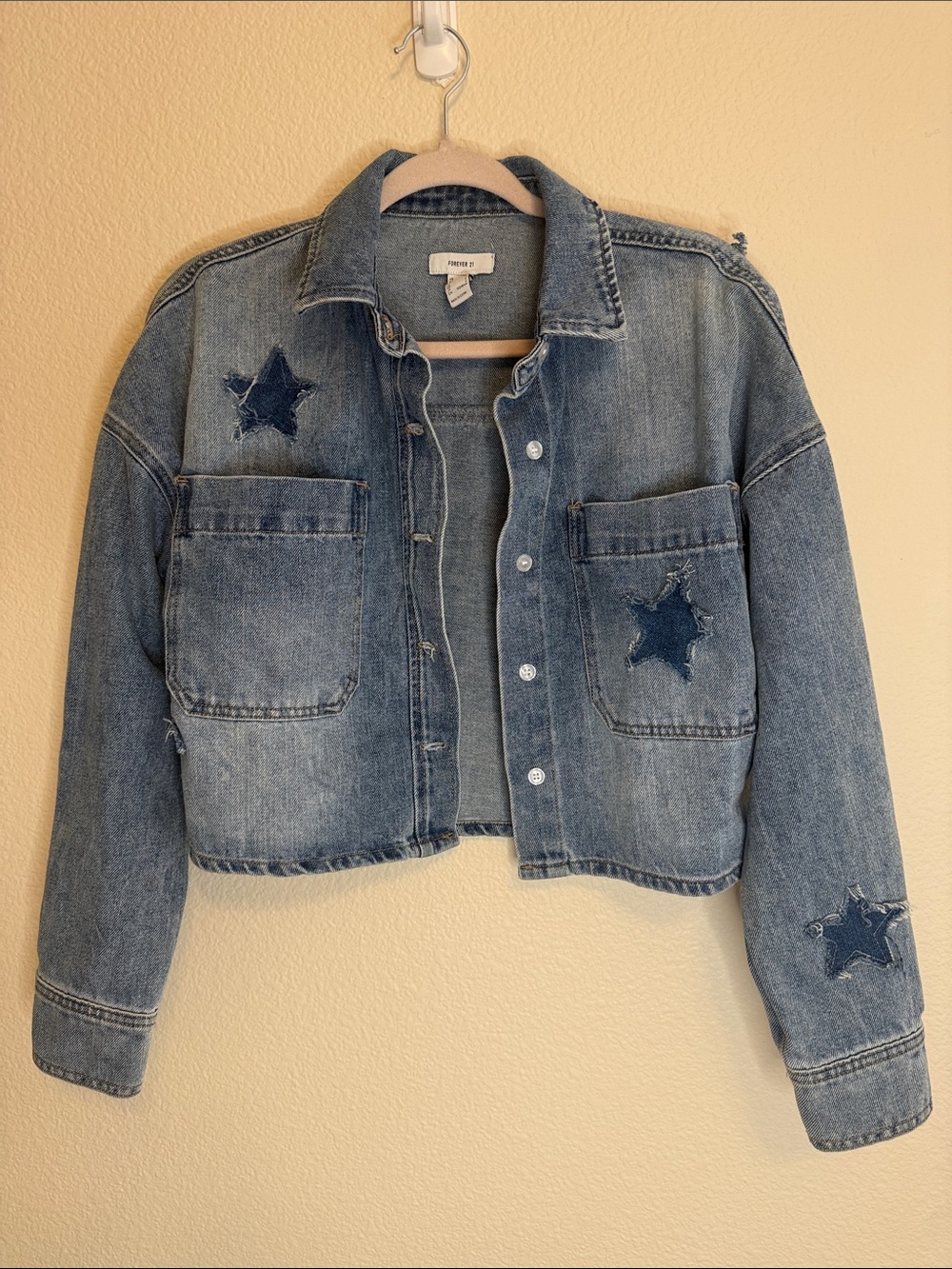 Forever 21 Light Blue Cropped Star Patch Denim Jacket